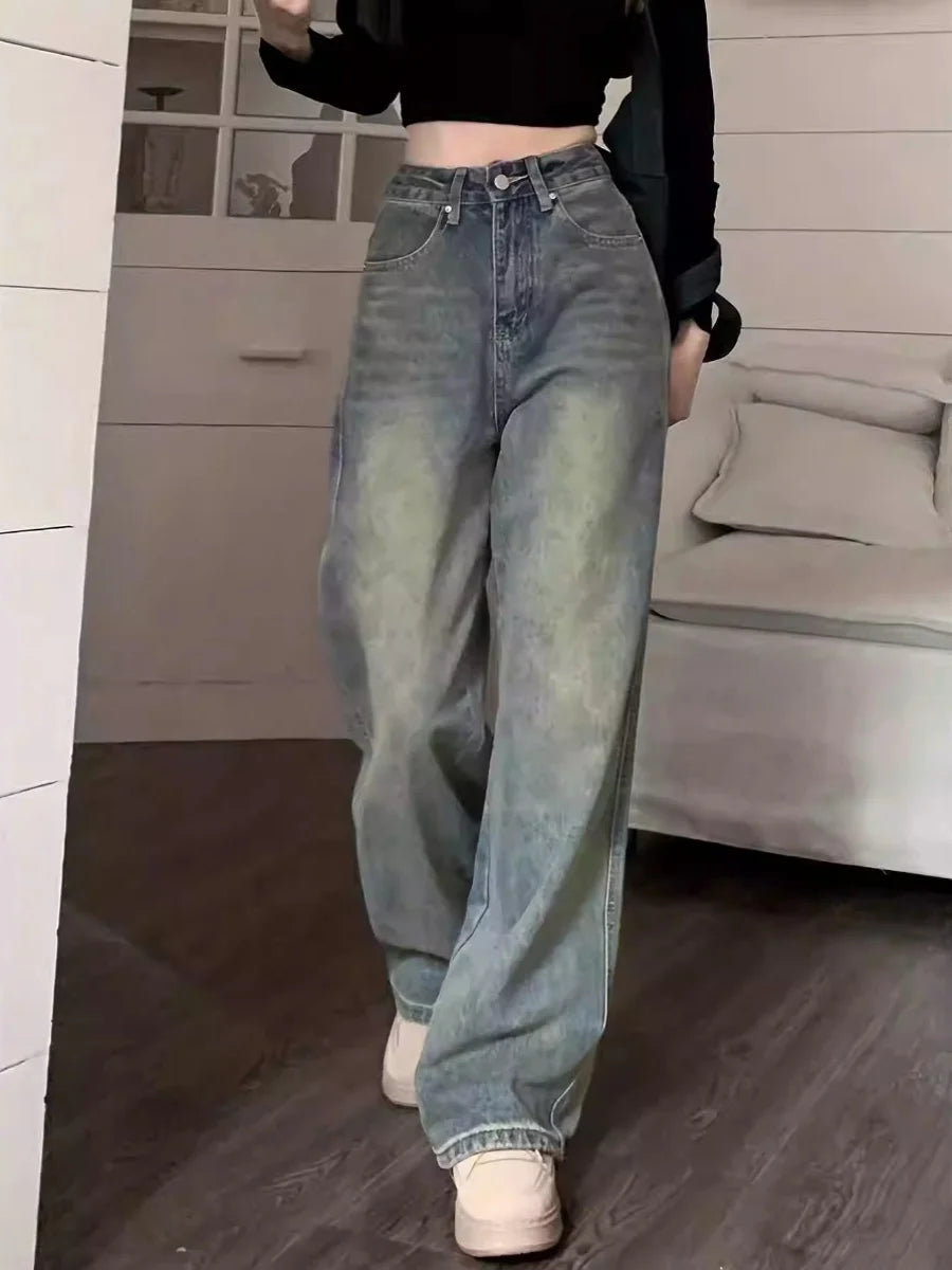 Women’s High Waist Wide Leg Jeans – Retro Vintage Slimming Mop Pants UK