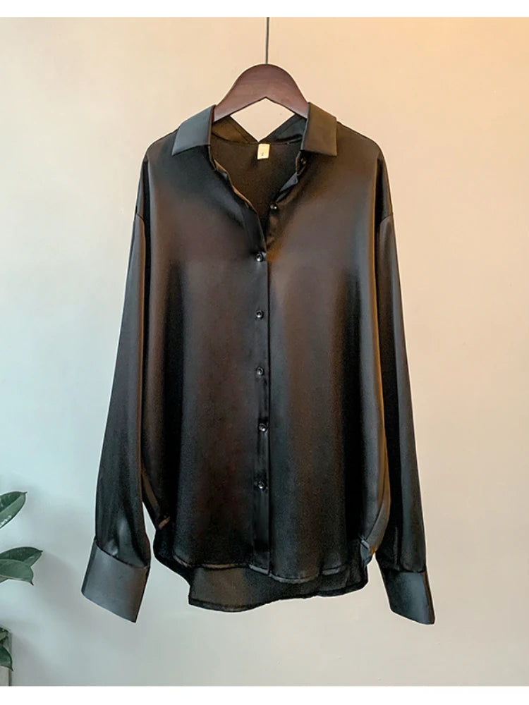 Office Lady Satin Blouse – Women’s Long Sleeve Elegant Shirt, Korean Designer Style UK