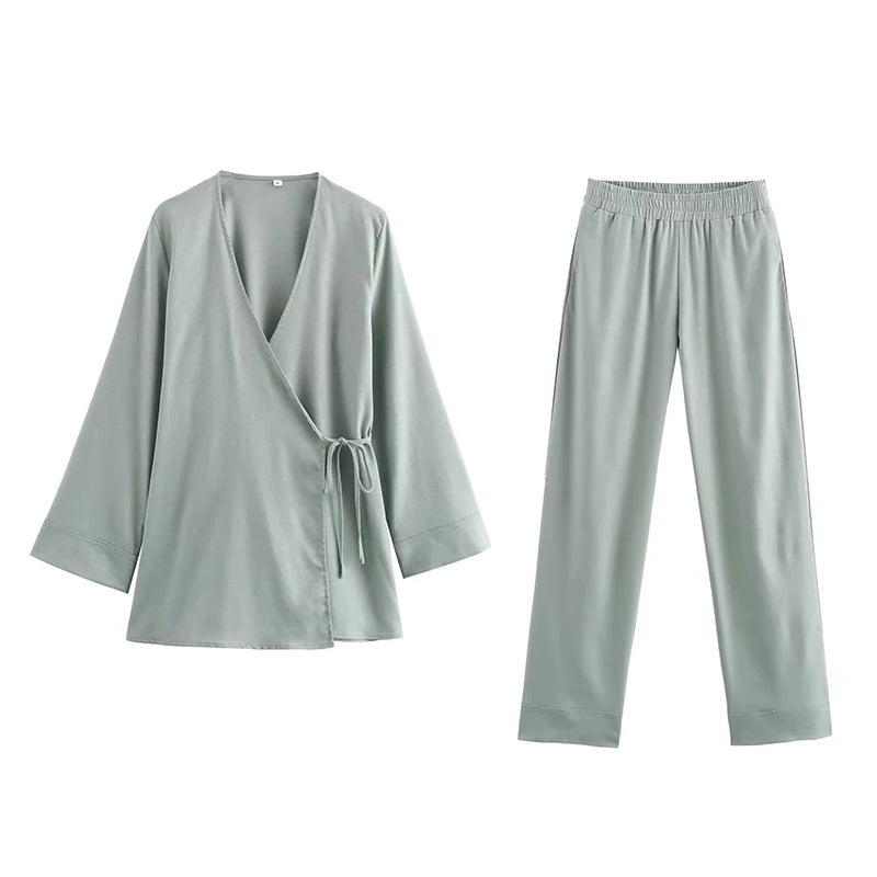 TFMLN Fashion Linen 2 Pieces Women 2024 Spring Summer Kimono Style Loose Lace Up Shirts Tops Women's Wide Leg Pants Sets