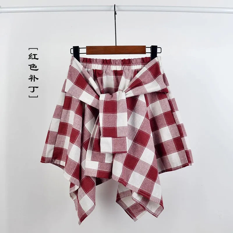 Women Plaid Mini Skirt – Summer Retro Bow Knot Elastic Waist Irregular Short Skirt Blue White