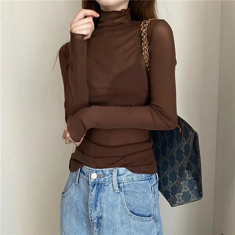 Women’s Sheer Mesh Turtleneck Top – Sexy Long Sleeve Transparent Slim Tee UK