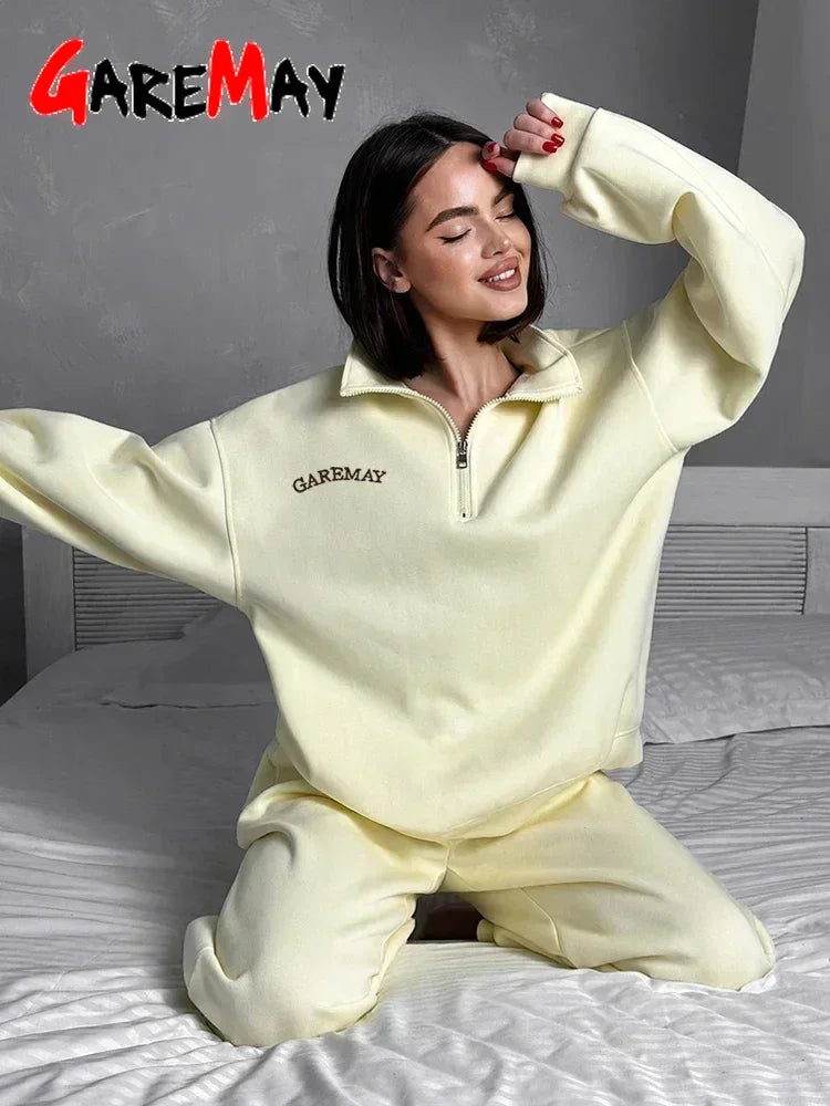 Spring Tracksuit Set for Women – GareMay Cotton Zipper Oversize Two Piece Suit, Casual UK Style
