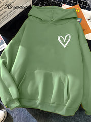 Hirsionsan Simplic Heart Print Women Sweatshirt Soft Casual Loose Vintage Female Hoodies 2023 Winter Warm Fleece Student Tops