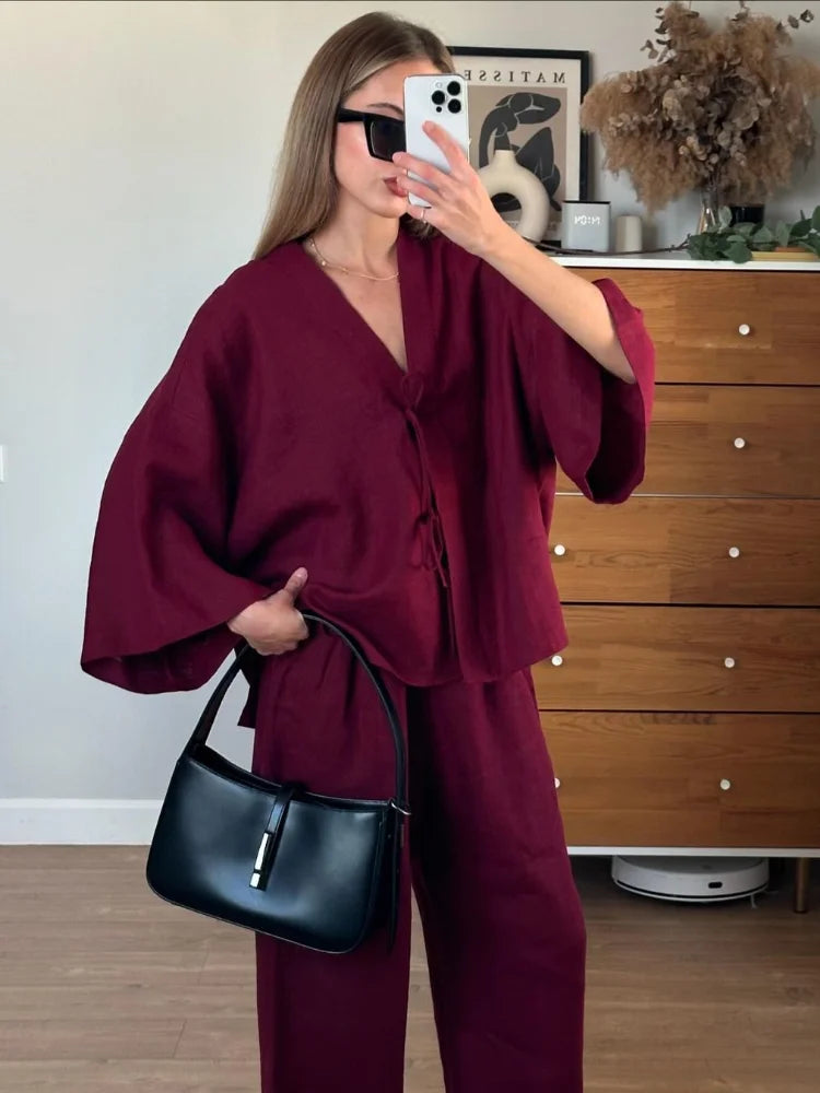 Cotton Linen Shirt Pants Set – Women’s Casual Loose Fit Suit Anitrendy UK Spring 2025