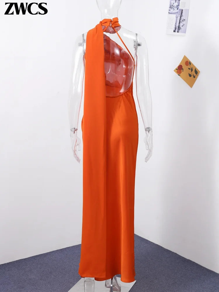 Elegant Satin Ribbons Halter Party Dress Women's Sexy Backless Off Shoulder Sleeveless Robes 2025 Summer New Lady Evening Gowns
